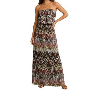 For‎ Cynthia Earth Tones Zigzag Strapless Mesh Maxi Dress Women's Medium